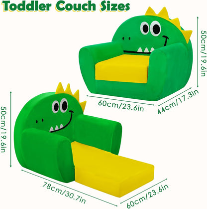 Kids Sofa Bed Dinosaur 2-in-1 Foldable Toddler Couch for Girls Boys Green
