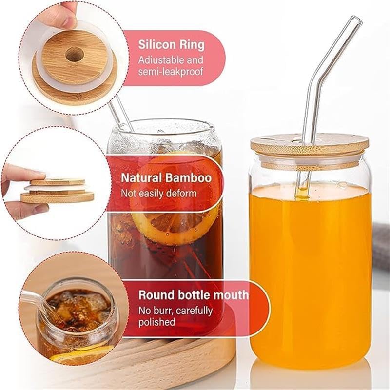 2 Pack 16oz Glass Tumblers with Bamboo Lids & Straws