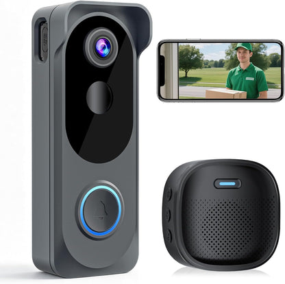 Video Doorbell Camera Wireless, 2K HD Smart Door Bell Camera, PIR Motion Detection,Battery Powered, Instant Alerts, 2-Way Audio, Night Vision, 2.4G WiFi, IP66, SD Card/Cloud ,Compatible with Alexa