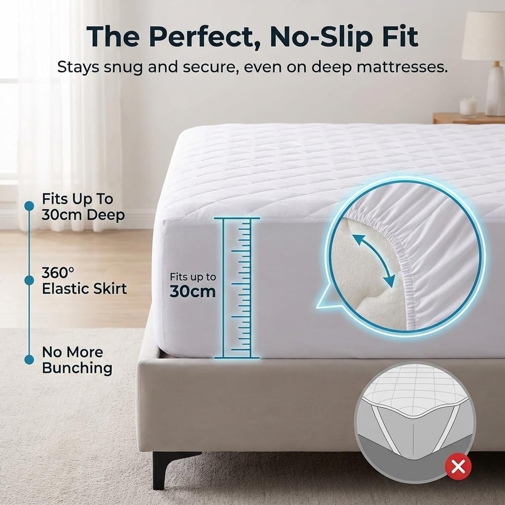 Quilted Waterproof Mattress Protector | 30cm Deep Fitted Single Mattress Cover | Breathable & Soft Quilted Protector (Single - 90x190cm)