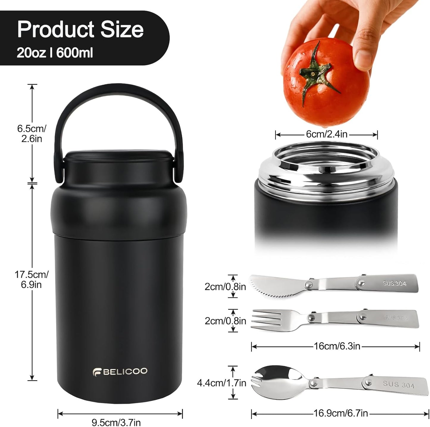 Food Flask, 600ml (21oz) 316 Stainless Steel Vacuum Insulated Food Container, Food Flasks for Hot/Cold Food, Leak Proof Soup Containers with Bag & Spoon (Black)