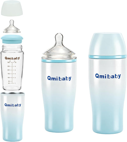 Glass Baby Bottle, Includes Insulated Stainless Steel Sleeve, Newborn Anti-Colic Baby Bottle with Slow Flow Nipple, Leak Proof Insulated, Plastic-Free, BPA-Free, 0-3 Months, 8 oz