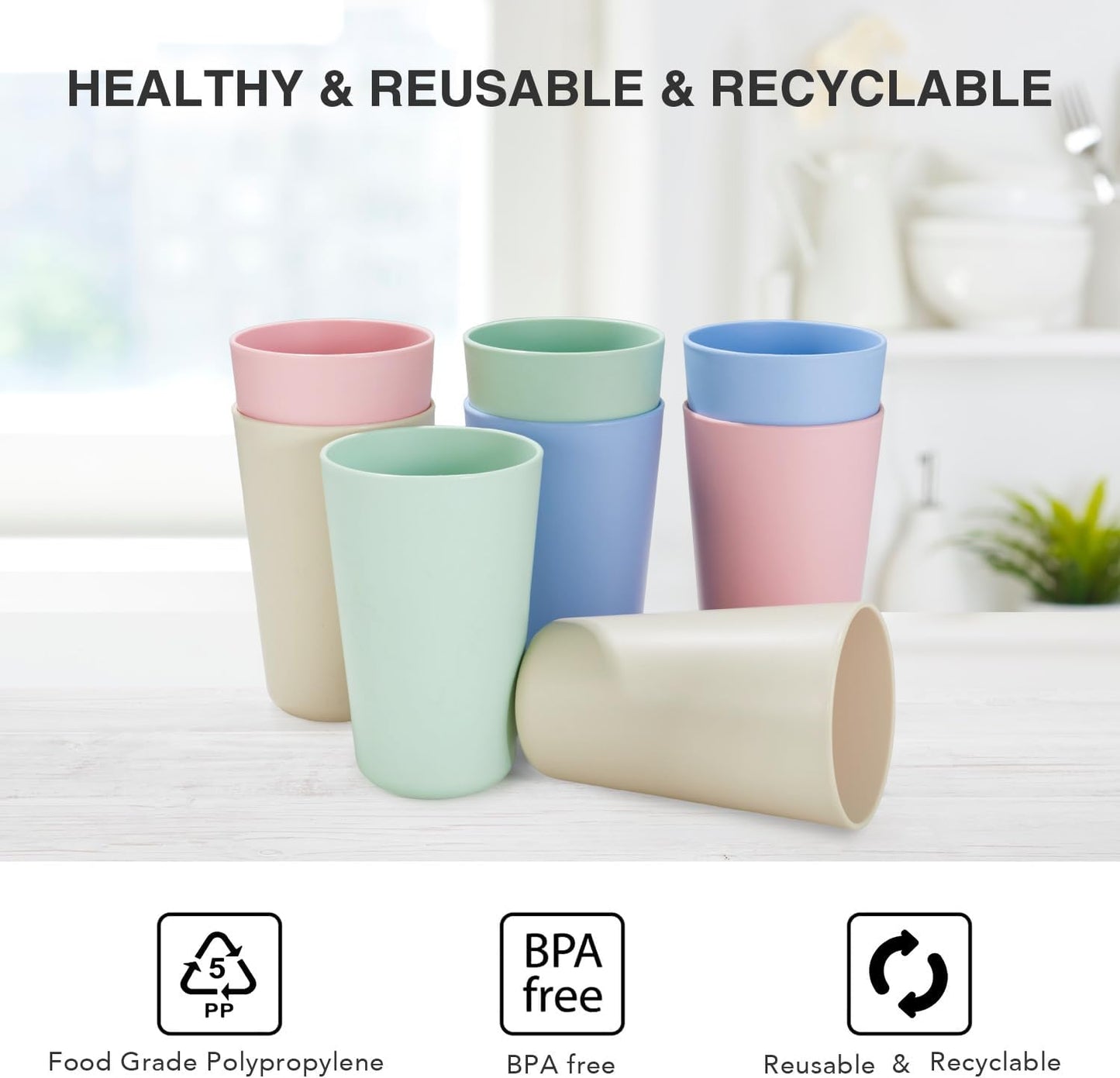 16oz/710ml Reusable Drinking Cups, 8 Pack Plastic Tumblers for Adults