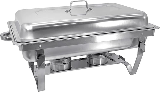 8 Qt Chafing Dish Stainless Steel Silver Rectangular Catering Food Warmer with Trays Pan Lid Folding Frame Stand for Banquet Dining Kitchen Party