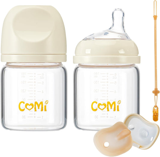 Natural Glass Baby Bottles for Breastfeeding Babies,Newborn Anti-Colic Baby Bottle Set with Slow Flow Nipple,0-3 Months,BPA-Free,6 oz,2 Pack
