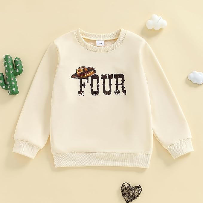 Birthday Sweatshirt 4 Years Long Sleeve Western Hat Letter Print Pullover Tops Loose Fit T Shirts Baby Boy Birthday Outfits