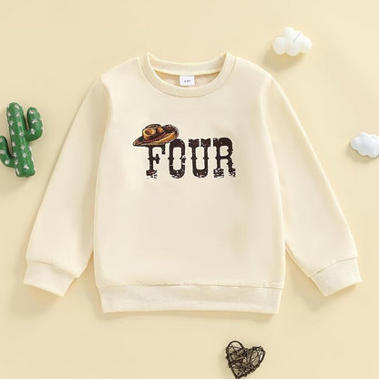 Birthday Sweatshirt 4 Years Long Sleeve Western Hat Letter Print Pullover Tops Loose Fit T Shirts Baby Boy Birthday Outfits