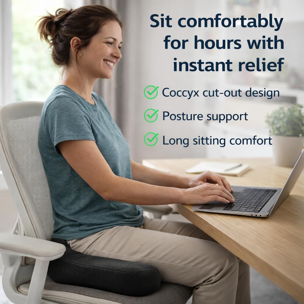 Ergonomic Coccyx Seat Cushion for Sciatica and Tailbone Pain – 50D Memory Foam Orthopaedic Cushion for Office Chair, Car, Gaming & Wheelchair – Includes 2 Washable Covers - Non-Slip Base