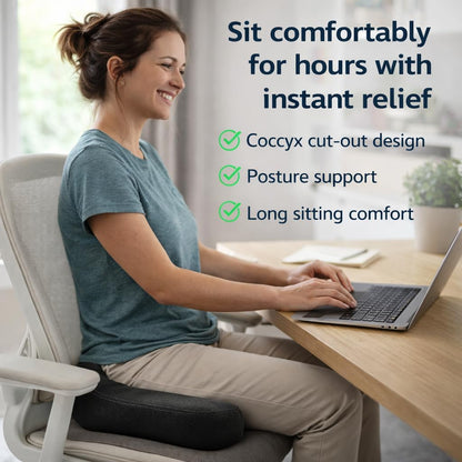 Ergonomic Coccyx Seat Cushion for Sciatica and Tailbone Pain – 50D Memory Foam Orthopaedic Cushion for Office Chair, Car, Gaming & Wheelchair – Includes 2 Washable Covers - Non-Slip Base