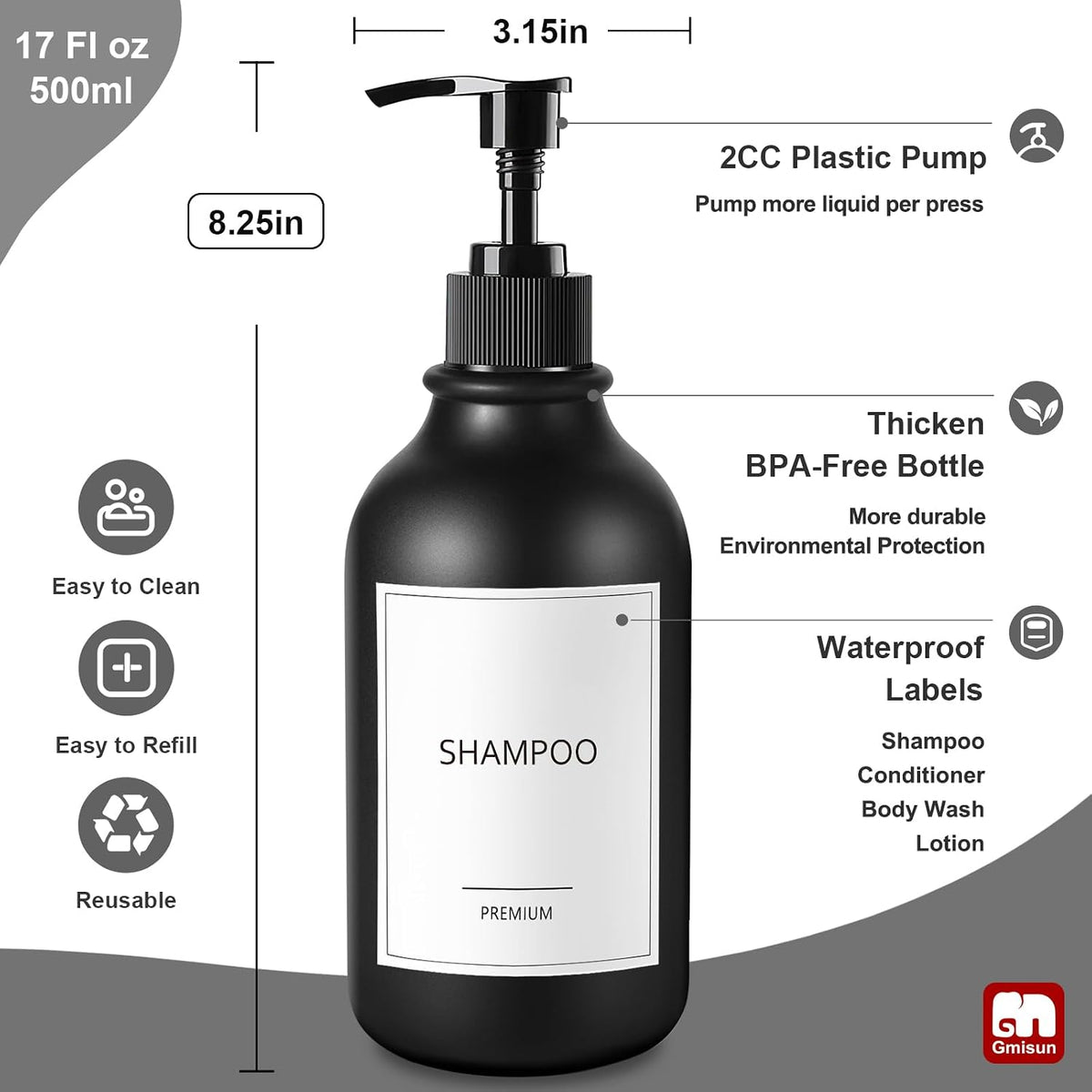 Shampoo and Conditioner Bottles, Plastic Black Shampoo Dispenser