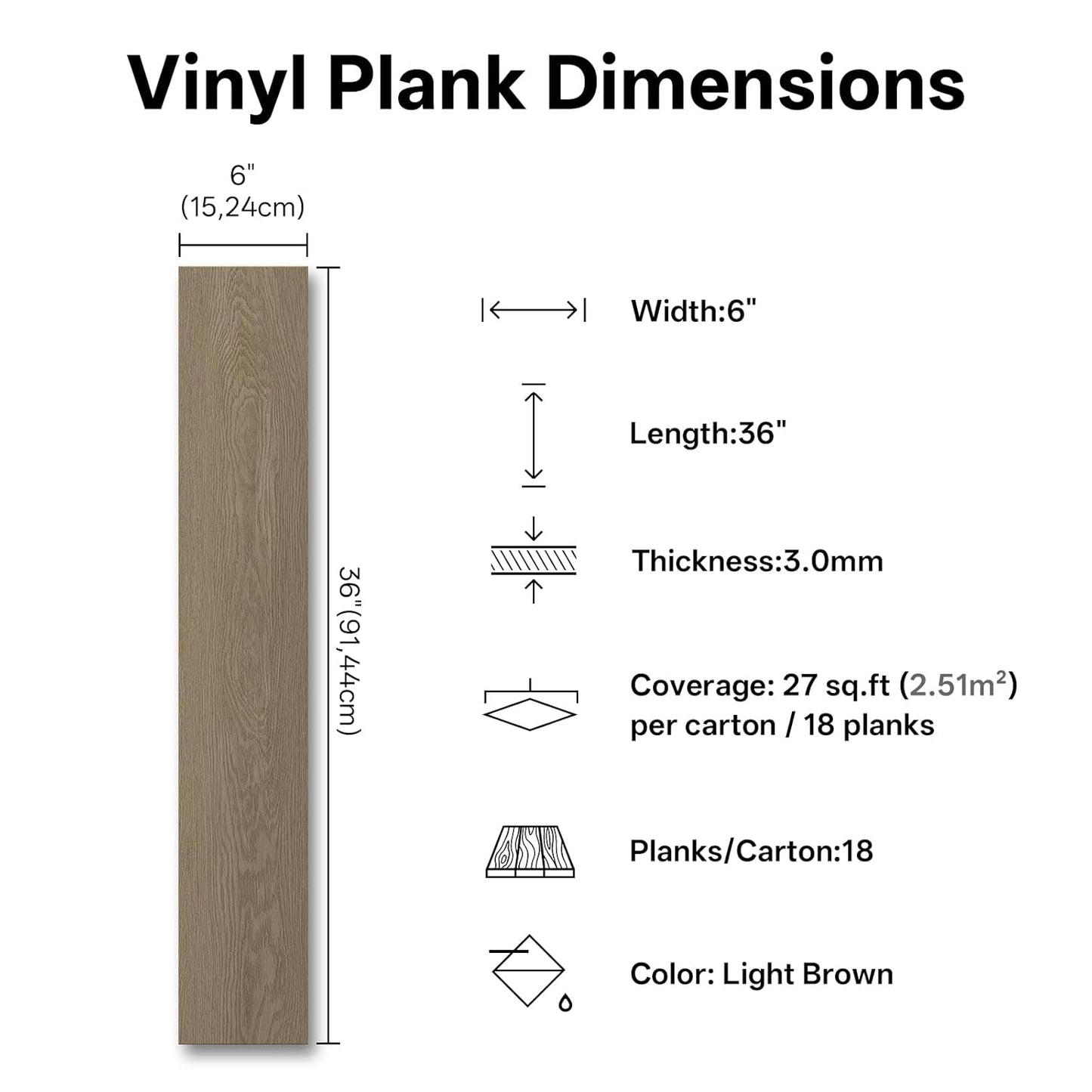 Peel and stick wood effect flooring in light brown with detailed dimensions and coverage information