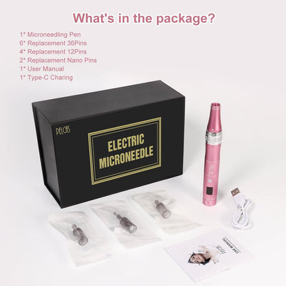 Microneedling Pen 9-Speeds, PELCAS Dermapen with LCD Screen 12 Replacement Pcs