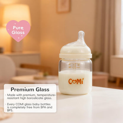 Natural Glass Baby Bottles for Breastfeeding Babies,Newborn Anti-Colic Baby Bottle Set with Slow Flow Nipple,0-3 Months,BPA-Free,6 oz,2 Pack