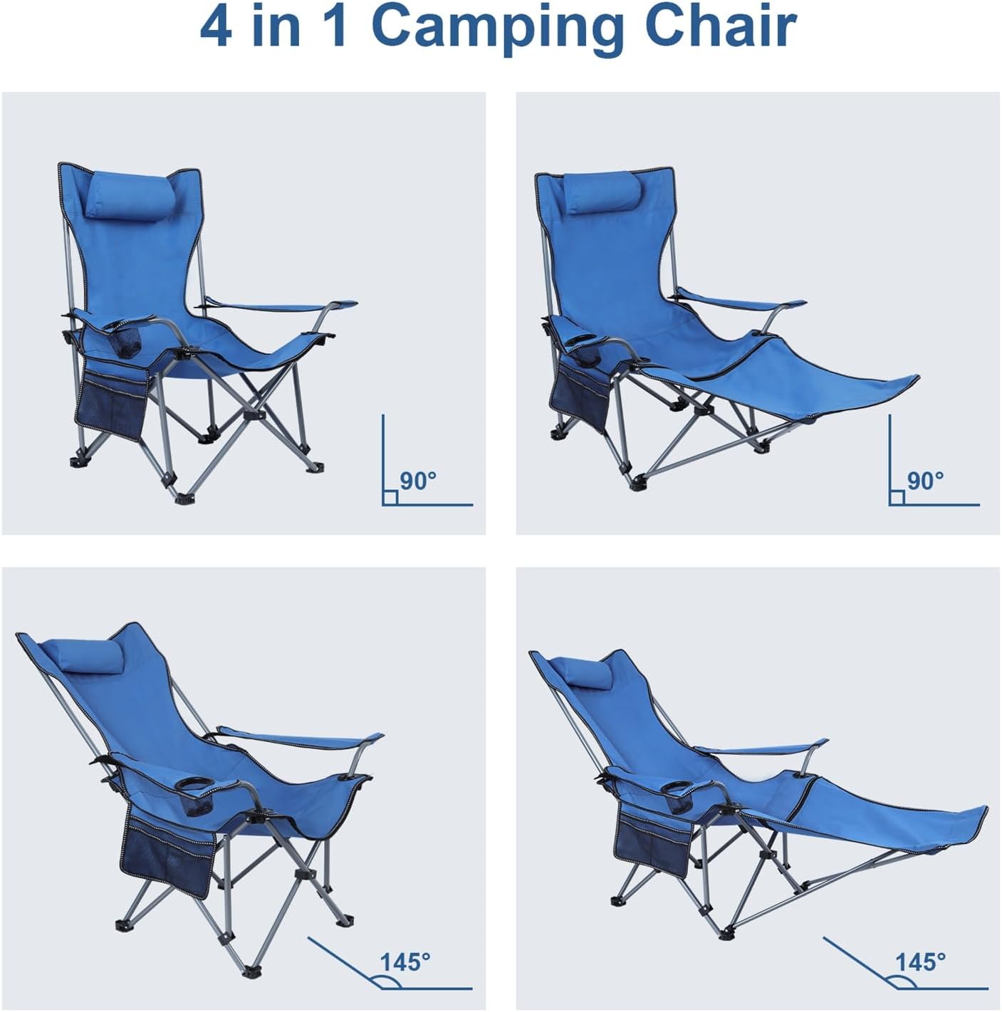 Heavy Duty Reclining Chair 150kg with Foot Rest, Camping Beach Chair with Pillow and Cup Holder for Adults, Portable Lounge Chair Adjustable Angle Outdoor Lawn Patio, Blue