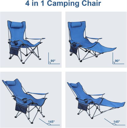 Heavy Duty Reclining Chair 150kg with Foot Rest, Camping Beach Chair with Pillow and Cup Holder for Adults, Portable Lounge Chair Adjustable Angle Outdoor Lawn Patio, Blue