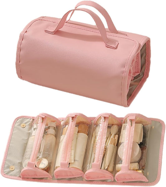 4-in-1 Cosmetic Pouch Travel Makeup Organizer Bag, Portable Toiletry Bag with Removable Pouches Cosmetic Case with Handle Waterproof PU Material (Pink)