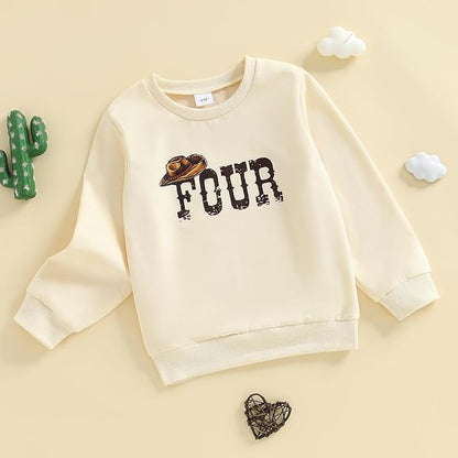 Birthday Sweatshirt 4 Years Long Sleeve Western Hat Letter Print Pullover Tops Loose Fit T Shirts Baby Boy Birthday Outfits