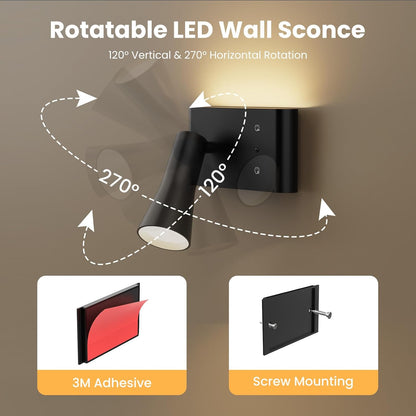 Battery Operated Wall Sconces Rotatable, Wireless Rechargeable Wall Sconce, Dimmable & 3 Colors Wall Mounted Reading Light, Black Wall Lamps Remote Control for Bedroom Living Room (1 Pack) [Energy Class G]