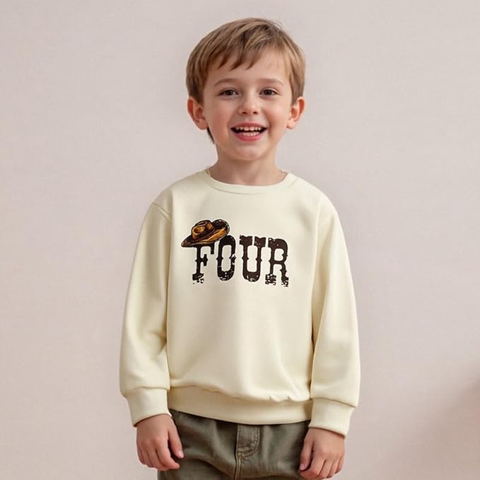 Birthday Sweatshirt 4 Years Long Sleeve Western Hat Letter Print Pullover Tops Loose Fit T Shirts Baby Boy Birthday Outfits