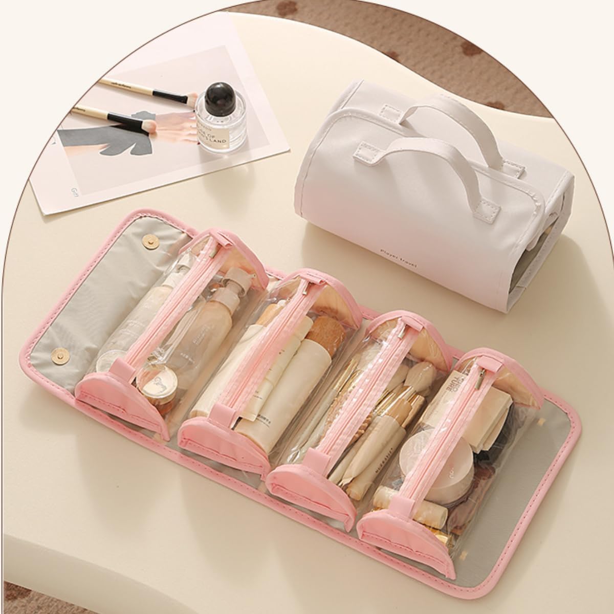 4-in-1 Cosmetic Pouch Travel Makeup Organizer Bag, Portable Toiletry Bag with Removable Pouches Cosmetic Case with Handle Waterproof PU Material (Pink)