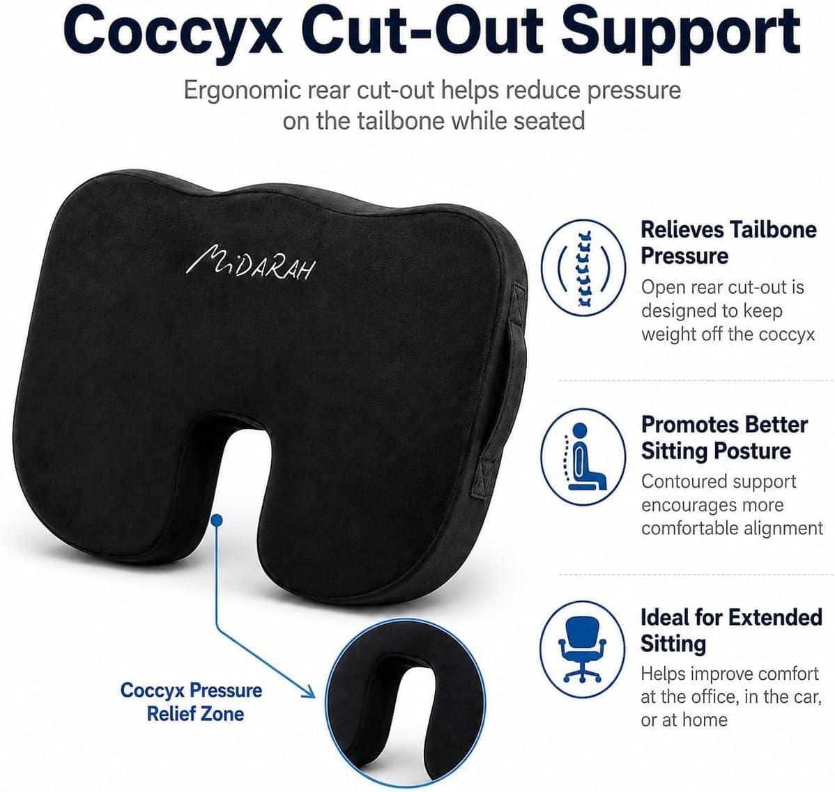 Coccyx Seat Cushion, 50D Memory Foam with 2 Washable Covers