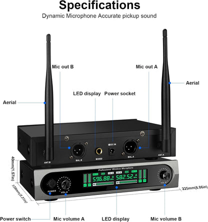 Wireless UHF Microphone System, w/ 2 Handhelds, Auto Scan,2x50 UHF Frequencies,200ft Range,Dynamic Microphone for Singing, Karaoke, Church