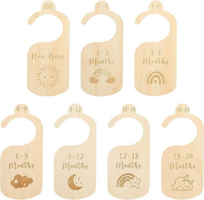 7 Pcs Baby Wardrobe Dividers, Cartoon Wood Baby Clothes Dividers by Size Age, Closet Clothes Organiser Labels Wardrobe Separators, Newborn Gifts for Parents