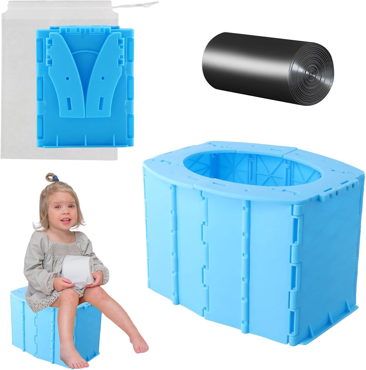 Portable Travel Potty Toddler, Travel Potty Training Toilet, Baby Mobile Toilet with Storage and Cleaning Bags, Suitable for Car Camping Tourism Outdoor Indoor, Blue