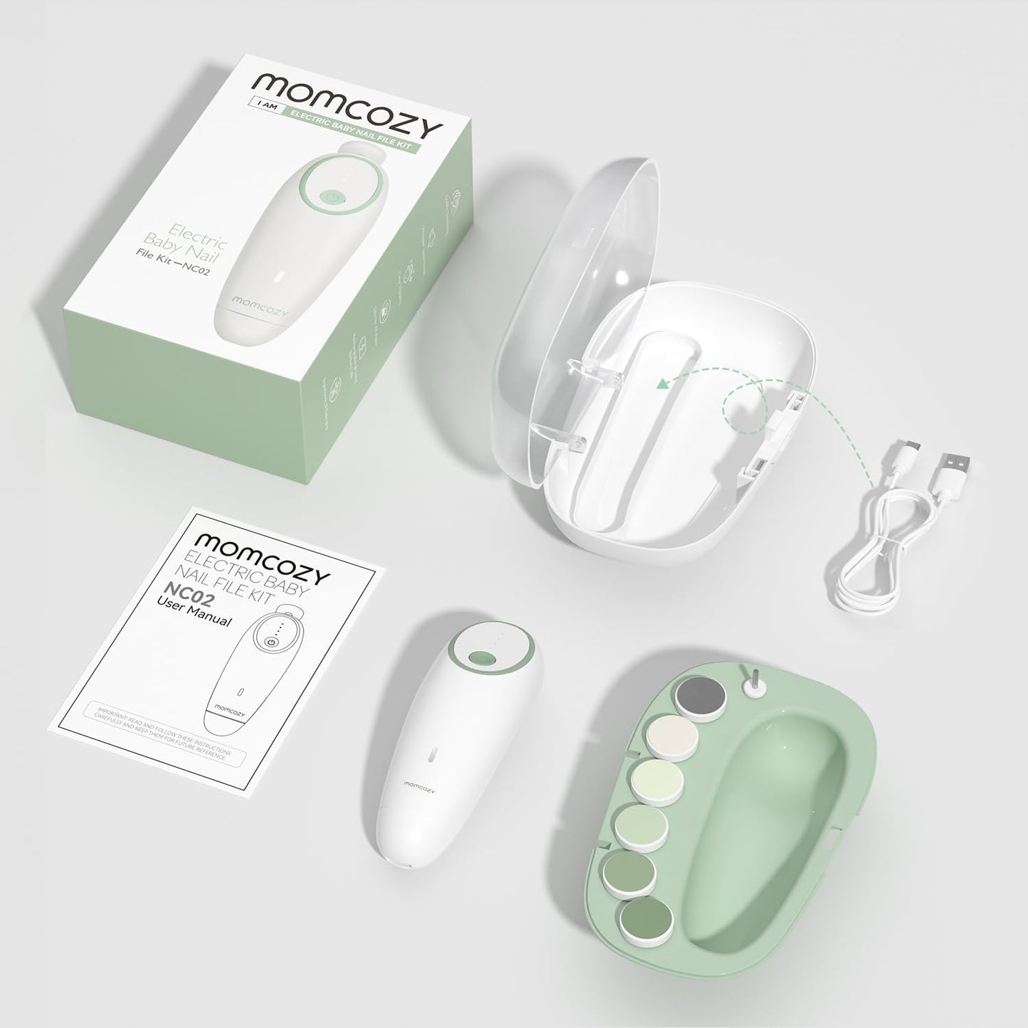 Momcozy Baby Nail File Electric, Gentle Baby Nail Trimmer Electric Rechargeable, Baby Nail Clipper Electric, 360° Fog LED Gentle Light, 7 Grinding Head Replacement Pads
