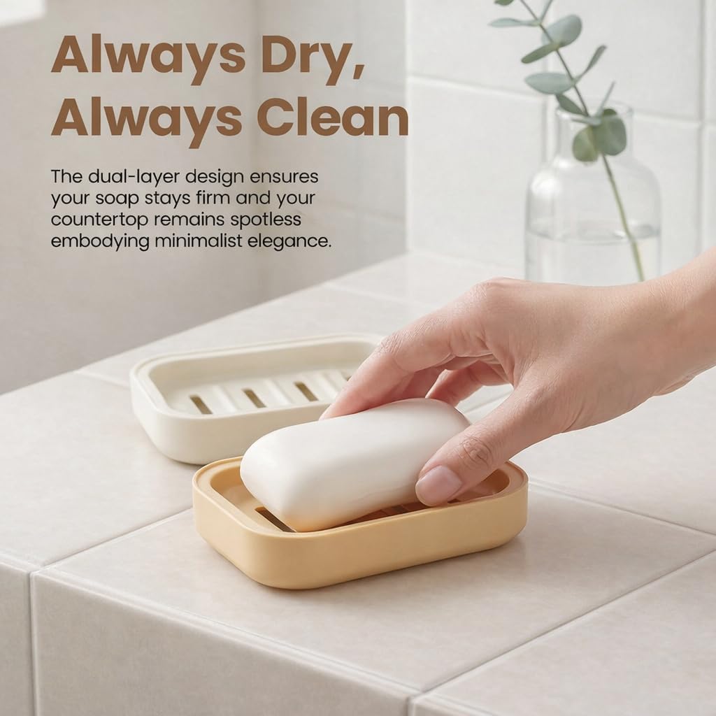 2PCS Soap Dish, Soap Dish for Shower, Double Soap Dish with Drainage, Anti-Slip and PortableSoap Holder for Bathroom, Kitchen Sponges, Keep Soap Dry and Clean(White & Khaki)