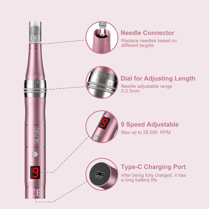 Microneedling Pen 9-Speeds, PELCAS Dermapen with LCD Screen 12 Replacement Pcs