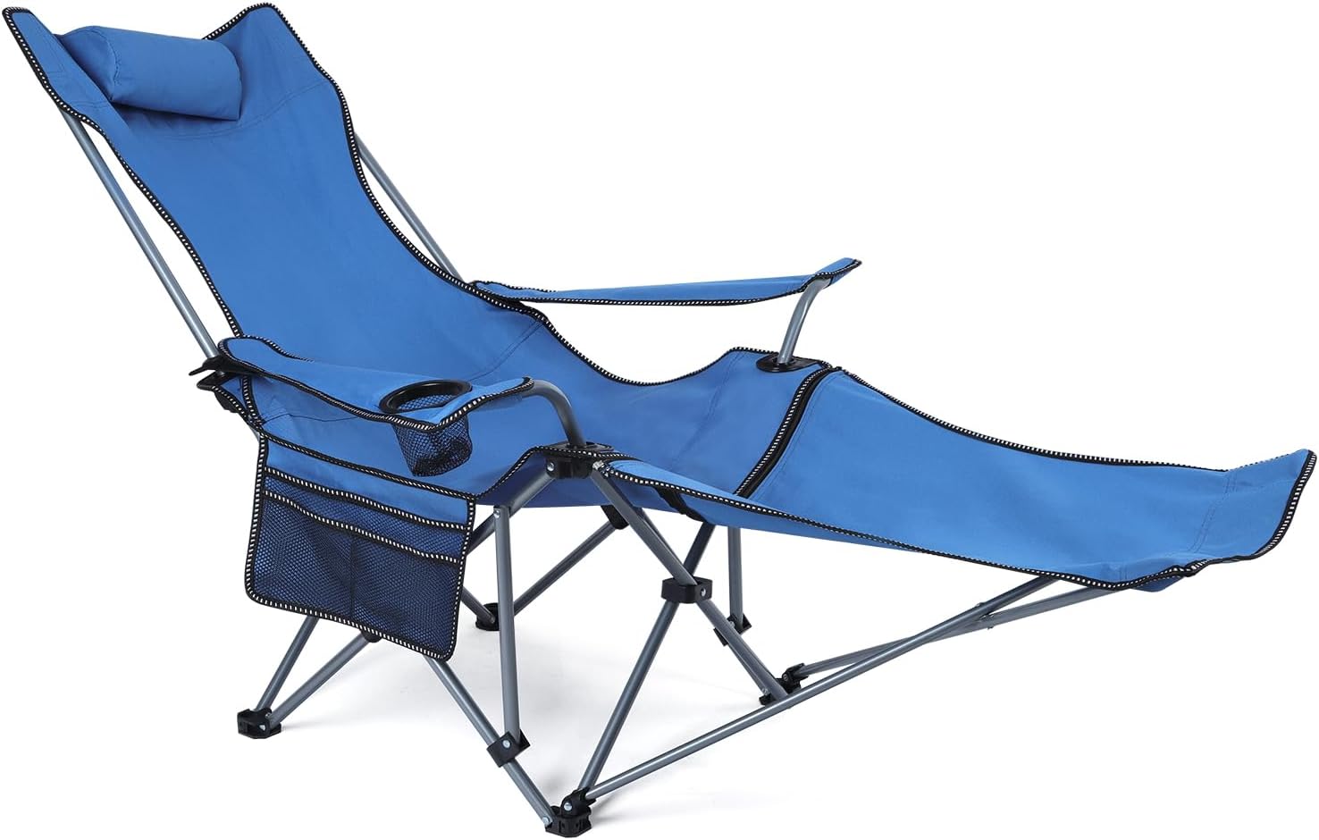 Neloheac heavy duty reclining camping chair in blue with adjustable headrest and side pocket