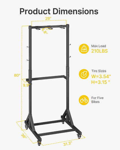 monTEK Freestanding Bike Stand for 3 Bikes & 4 Helmets, Heavy Duty Steel Bike Stroage Rack with Wheels, Adjustable Height, Mobile Bike Floor Stand for Indoor & Garage, Holds up to 95kg
