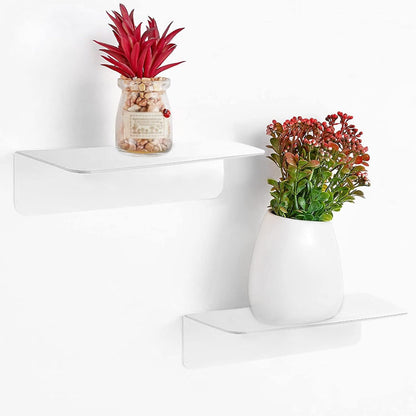 Lorigun 4 Pcs Acrylic Floating Shelves, Small Shelf for Wall No Nails Self Adhesive Shelves Bedroom Display Floating Shelves for Photo, Alarm Clock, Plant - White Shelves