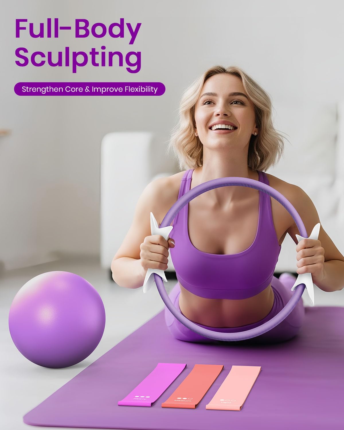 Pilates Ring Set - Fuelion Pilates Kit with 14" Magic Circle Dual Padded Handles,9.8" Mini Ball,3 Resistance Bands(15, 25, 35 lbs),Pump&Workout Guide,Pilates Equipment for Strength,Flexibility,Toning