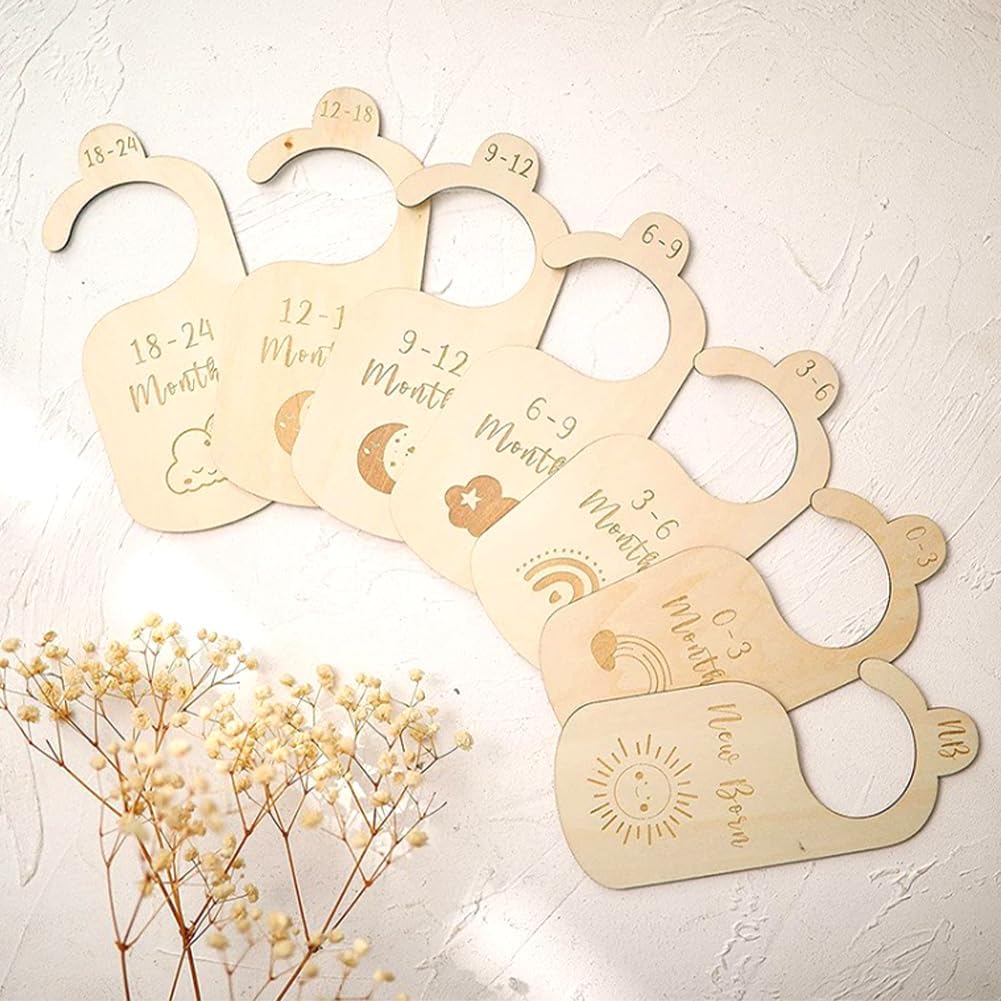 7 Pcs Baby Wardrobe Dividers, Cartoon Wood Baby Clothes Dividers by Size Age, Closet Clothes Organiser Labels Wardrobe Separators, Newborn Gifts for Parents