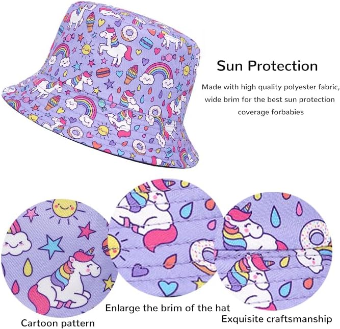 QKURT Kids Sun Hat, Children Sun Protection Bucket Hat Reversible Beach Cap Fishing Hats Summer Fisherman Hats with Unicorn for Outdoor Play for Girls 2-8 Years Old