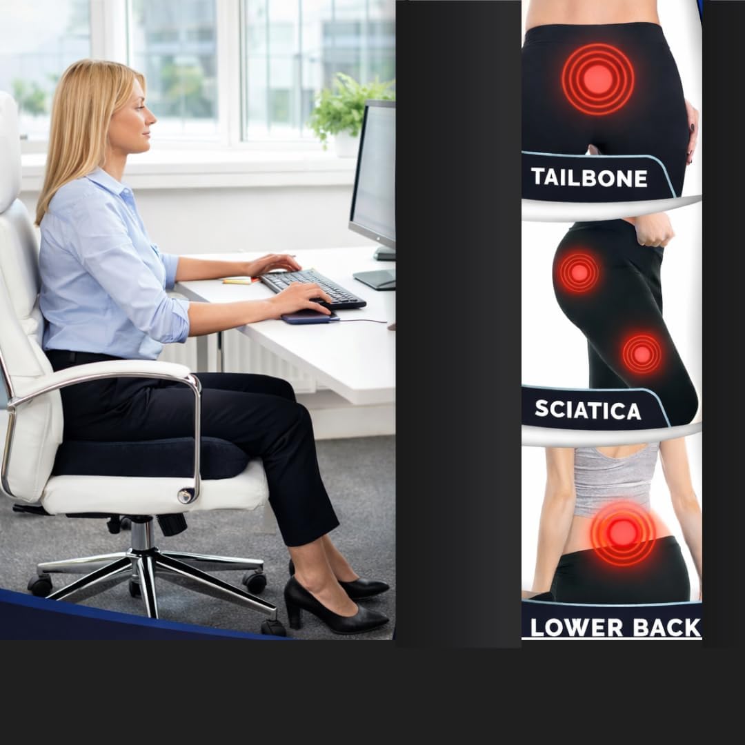 Ergonomic Coccyx Seat Cushion for Sciatica and Tailbone Pain – 50D Memory Foam Orthopaedic Cushion for Office Chair, Car, Gaming & Wheelchair – Includes 2 Washable Covers - Non-Slip Base