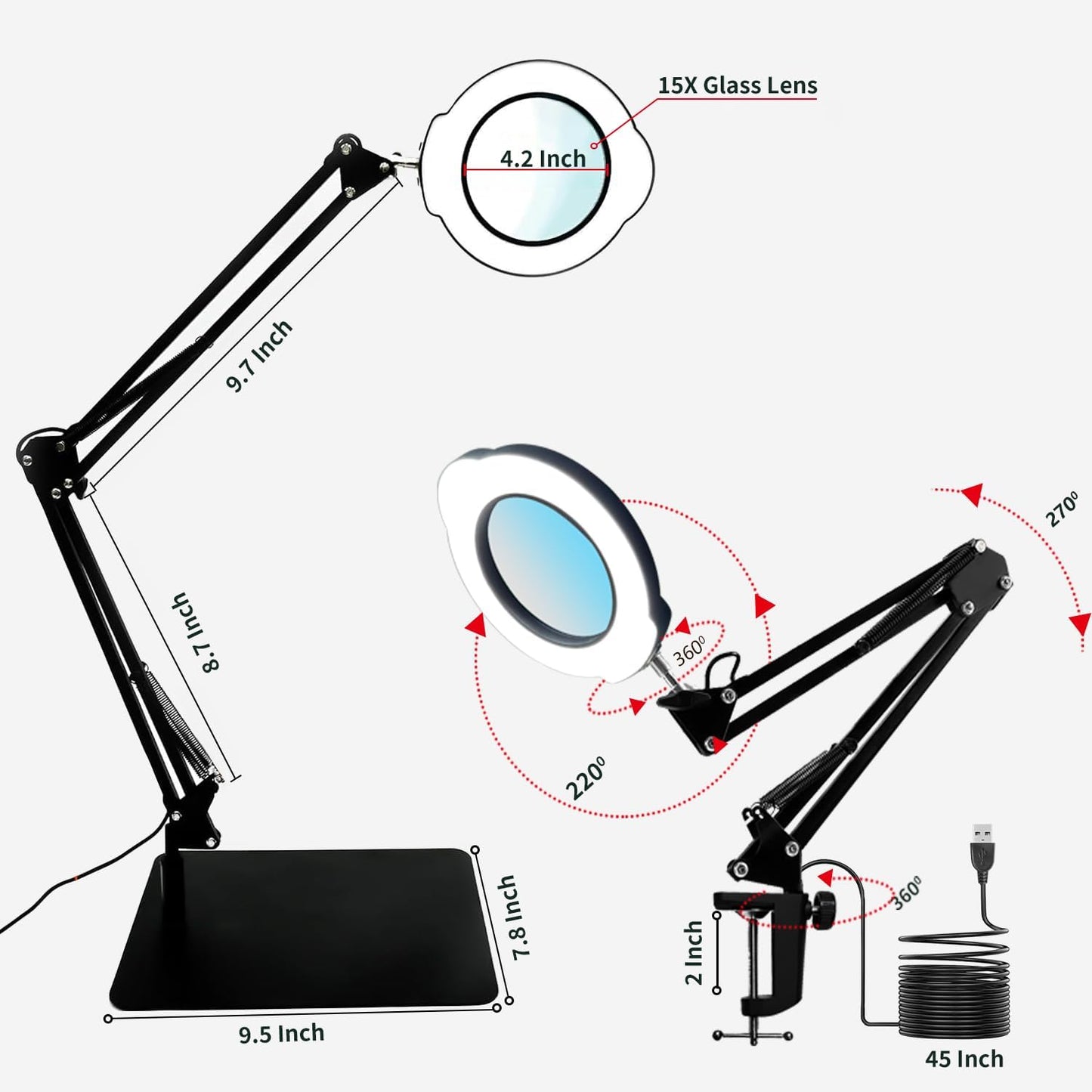 15X Magnifying Glass Desk Lamp with Clamp and Base