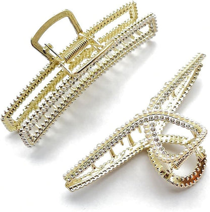 Hair Claw Clips, 4Pcs Metal Hair Clips Large Claw Hair Clips Big Jaw Clips Rhinestones Hair Claw Nonslip Pearl Gold Hair Clamps Strong Hold Hair Accessories for Women& Girls Sikypaota (4PCS)
