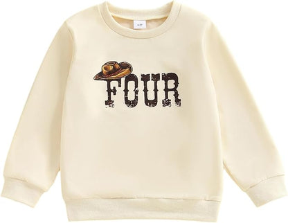 Birthday Sweatshirt 4 Years Long Sleeve Western Hat Letter Print Pullover Tops Loose Fit T Shirts Baby Boy Birthday Outfits