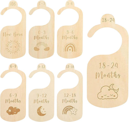 7 Pcs Baby Wardrobe Dividers, Cartoon Wood Baby Clothes Dividers by Size Age, Closet Clothes Organiser Labels Wardrobe Separators, Newborn Gifts for Parents
