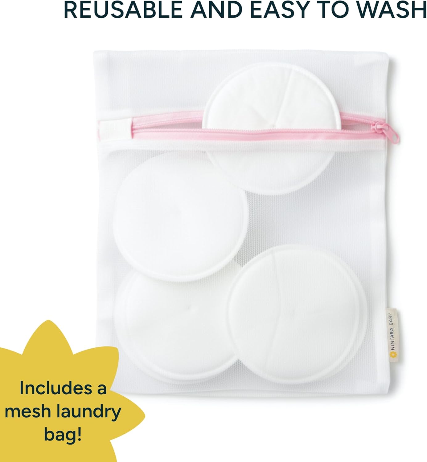 Nintara Baby Reusable Nursing Pads – Soft & Absorbent Breast Pads, Bamboo Viscose Blend, Contoured Fit, Leak-Resistant, Pack of 6 with Laundry Bag