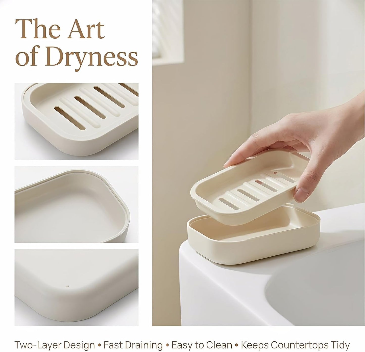 2PCS Soap Dish, Soap Dish for Shower, Double Soap Dish with Drainage, Anti-Slip and PortableSoap Holder for Bathroom, Kitchen Sponges, Keep Soap Dry and Clean(White & Khaki)