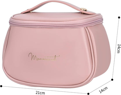 Darbermu Cosmetic Bag PU Portable Travel Makeup Bag for Women, Waterproof Large Capacity Makeup Organiser Bag Toiletry Bag Gifts for Girls Women (Pink)