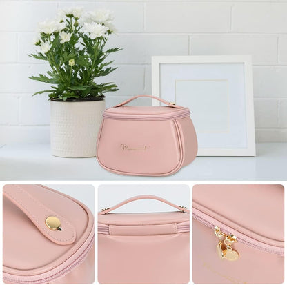 Darbermu Cosmetic Bag PU Portable Travel Makeup Bag for Women, Waterproof Large Capacity Makeup Organiser Bag Toiletry Bag Gifts for Girls Women (Pink)