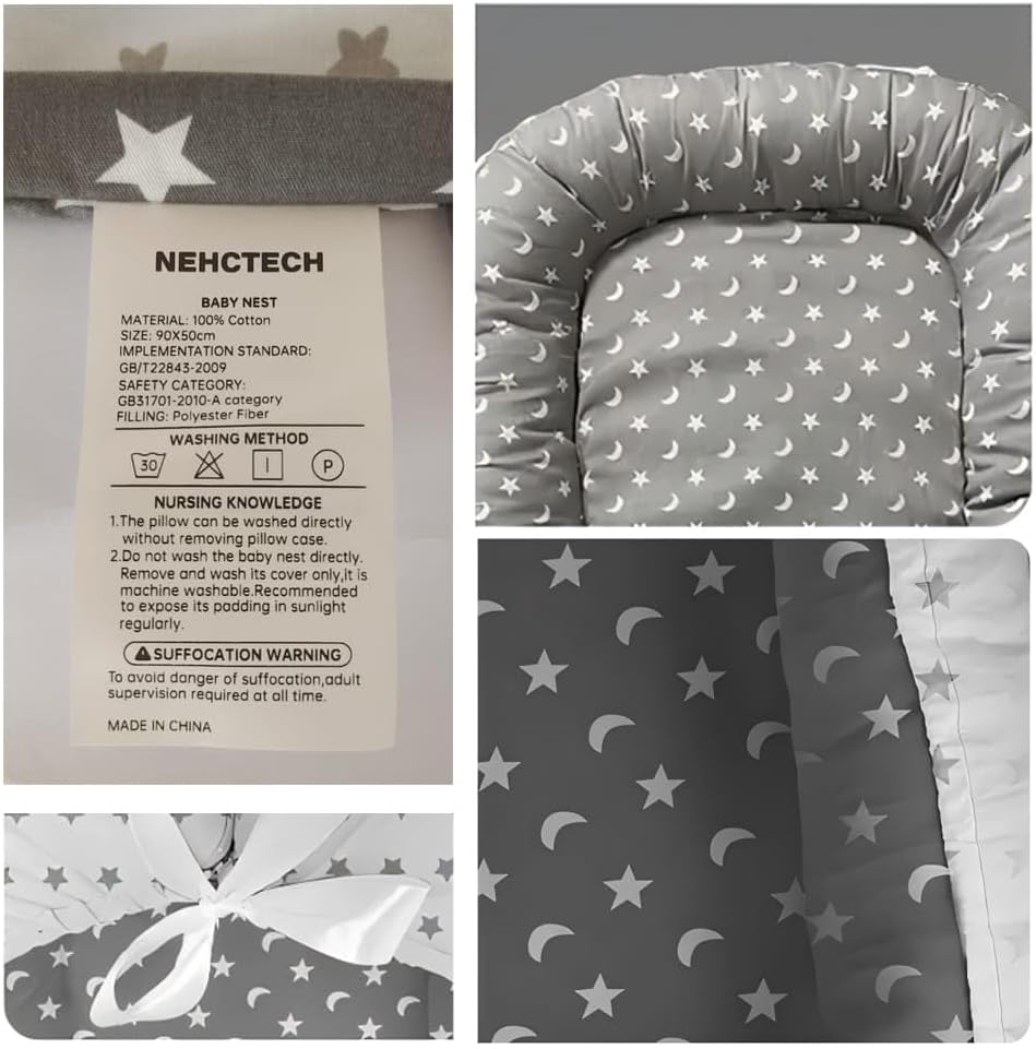 Nehctech portable baby nest pod in grey with star and moon patterns for safe sleeping