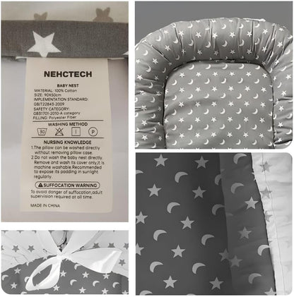 Nehctech portable baby nest pod in grey with star and moon patterns for safe sleeping