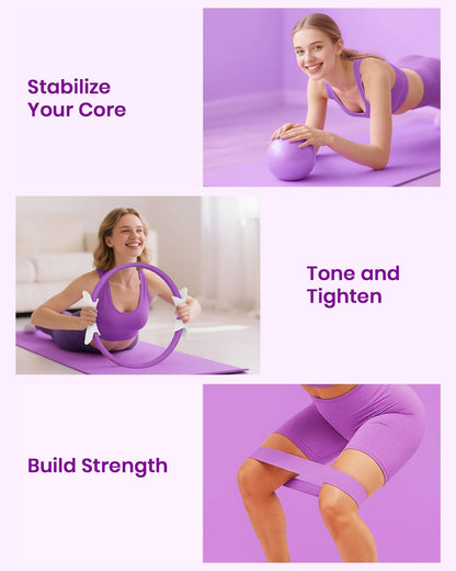 Pilates Ring Set - Fuelion Pilates Kit with 14" Magic Circle Dual Padded Handles,9.8" Mini Ball,3 Resistance Bands(15, 25, 35 lbs),Pump&Workout Guide,Pilates Equipment for Strength,Flexibility,Toning
