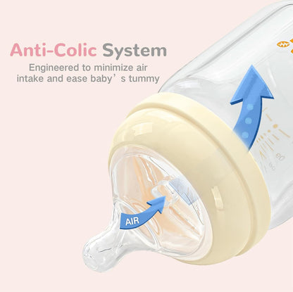 Natural Glass Baby Bottles for Breastfeeding Babies,Newborn Anti-Colic Baby Bottle Set with Slow Flow Nipple,0-3 Months,BPA-Free,6 oz,2 Pack